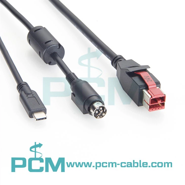 Industrial 24V Powered USB Cable with USB-C Data and Hosiden 3-Pin Power Plug